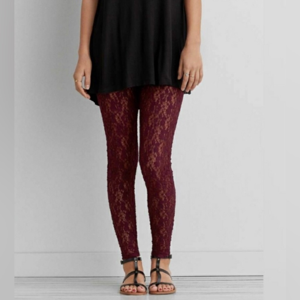 American Eagle Maroon Floral Sheer Lace High Rise Leggings Women Size S Festival